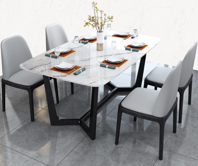 意式極簡(jiǎn)巖板餐桌椅組合后現(xiàn)代巖板飯桌小戶(hù)型餐廳 實(shí)木餐桌餐1.4米一桌六椅（雪花白）